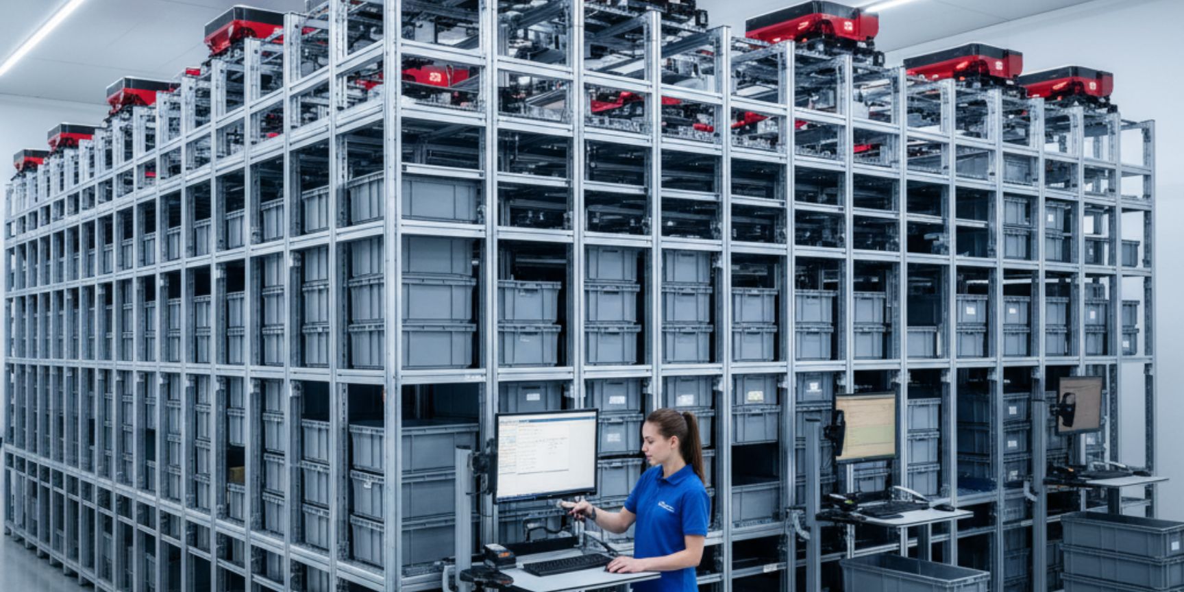 A detailed view of the AutoStore grid, showing densely stacked gray containers that take up almost the entire height of the room. Several red robots can be seen on the upper level of the grid. In the foreground, a warehouse employee is working at a picking station with a computer screen that displays inventory management, which illustrates the integration of people and technology in the system.